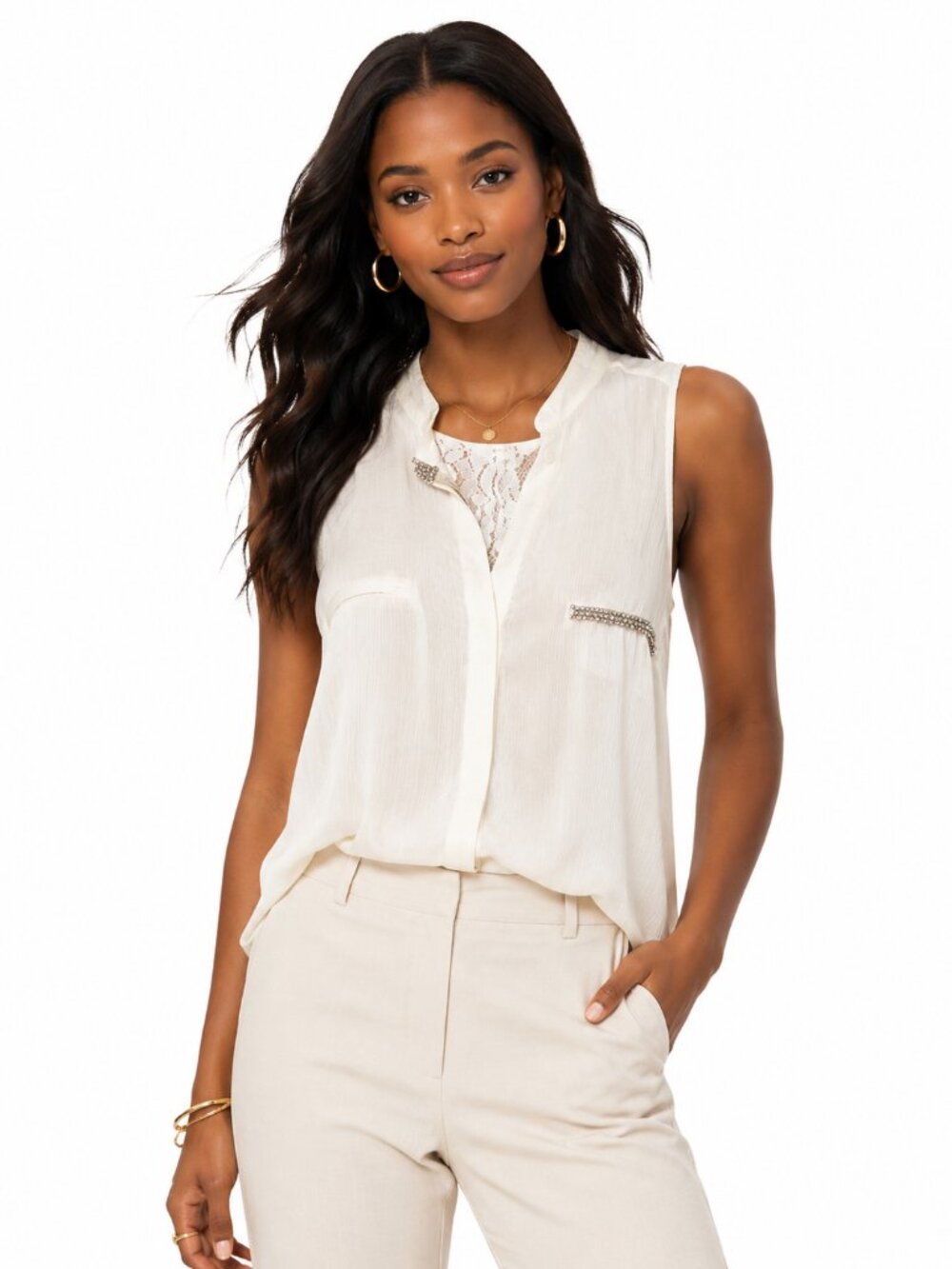 GUESS Off-White Crinkle Chiffon Sleeveless Blouse Small Lace Rhinestone Pockets - Picture 1 of 9